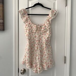 Winston White Floral Ruffle Romper White Pink Grid Eyelet Trim Womens Size S